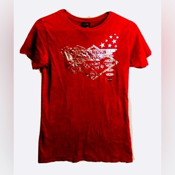HARLEY-DAVIDSON©,STUTSMAN H-D,Aberden,SD Women's Red, Hand Dyed T-Shirt size Med - Picture 1 of 7